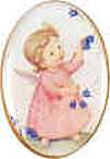 Girl Angel Pin. Dressed in pink printed on gold metal. 1 clutch back.