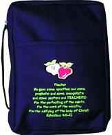 Teacher's Dark Blue Bible cover. Color matched zipper and stitching, lightweight soft padding, with Christian fish.f