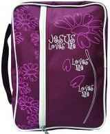 JESUS LOVES ME- Medium, or large Bible cover. Cloth. Silk screened imprint, front zippered pocket, pen loop. Lavender color