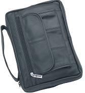 Black solid lambskin leather bible cover features a zippered main pocket, hand strap. Measures 10 x 7 x 2. (Large). 