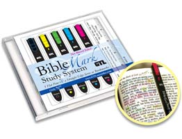 New! Bible Marker Study System. 5 colored very Thin Flat light weight marking Pens and Straight Edge with Case.