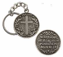 With God All Things Are Possible Key Chain 1 1/2 pewter metal two sided. Keychains are inexpensive gifts that last a long tim