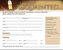 Let Get Aquanted Church Visitor Cards for visitor packets or pews. Space for name, address, interests.Size: 4 1/4 x 5 1/2. 