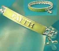 Silver Faith stretch bracelet green epoxy accent with cross dangle. Links are molded together. Lead compliant.