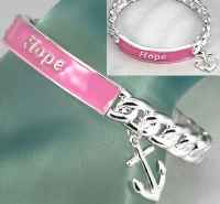 Silver Hope stretch bracelet with pink epoxy accent with silver anchor charm. Links are molded together. Lead compliant.
