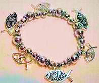 Silvertone Jesus Fish Shape with 6 charms beaded stretch bracelet. Three charms have 6 pointed stars. Lead compliant. 