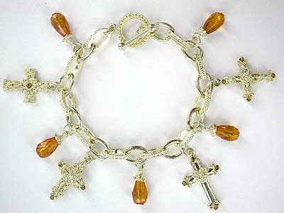 Gold Brighton Look Cross Toggle Bracelet tiffany style with brighton look crosses and topaz colored bobbles. Lead Free. 