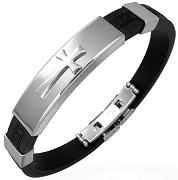 Embossed Cross Stainless Steel flexible black rubber Stainless steel bracelet. Opens to put on.