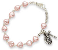 Pink Pearl Communion Bracelet with Miraculous and Crucifix Charms