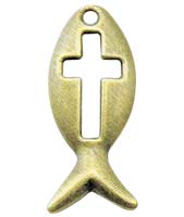Antique Bronze Cross Wood Grained Charm  