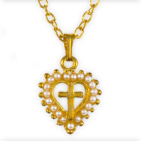 Cross in Heart Gold Necklace With Pearls