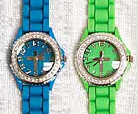 Rhinestone Silicone Jelly Womans Cross Watch  