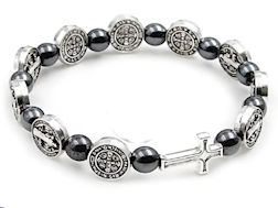 St. Benedict Stretch Bracelet, Hematite Pearls & Cross 
