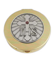 IHS & Cross Gold Stamped Pyx With Pewter Motif And Red Stone 