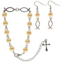 Jesus Fish Pearl Rosary and Earring Set