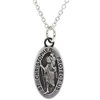 Men's Pewter Oval St. Christopher Medal with Blue Enamel + 24 2.4mm Rhodium Plate Chain + Clasp