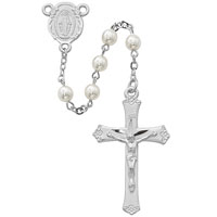 White Pearl Bead Rosary with Rhodium Crucifix