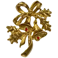 Antique Gold Bow, Bells and Holly Christmas Pin