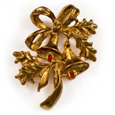 Christmas Bells With Holly Gold Pin