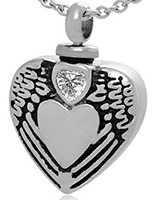 Heart Urn Necklace for Ashes with Angel Wings & Jewel