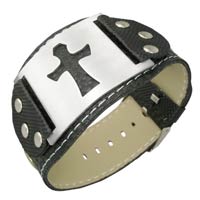 Wide Leather and Stainless Steel Cross Bracelet