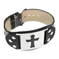 Wide Leather and Stainless Steel Cross Bracelet