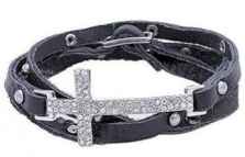 Sideways Rhinestone Cross Leather Wrap Bracelet