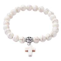White, Beige Turquoise Bead Stretch Bracelet, Cross