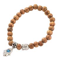 Wood Beaded Bracelet with Hamsa Charm