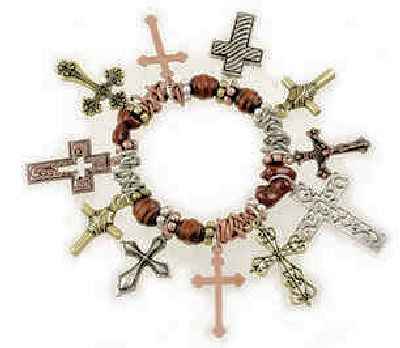 Multiple Crosses Gold Silver Pewter Charm Bracelet With Crucifix