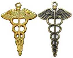 Caduceus Charm, Caduceus Pendant - Gold or Bronze