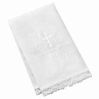 My Baptism Day Towel - White Embroidered Baptism Towel with Cross & Lace Trim