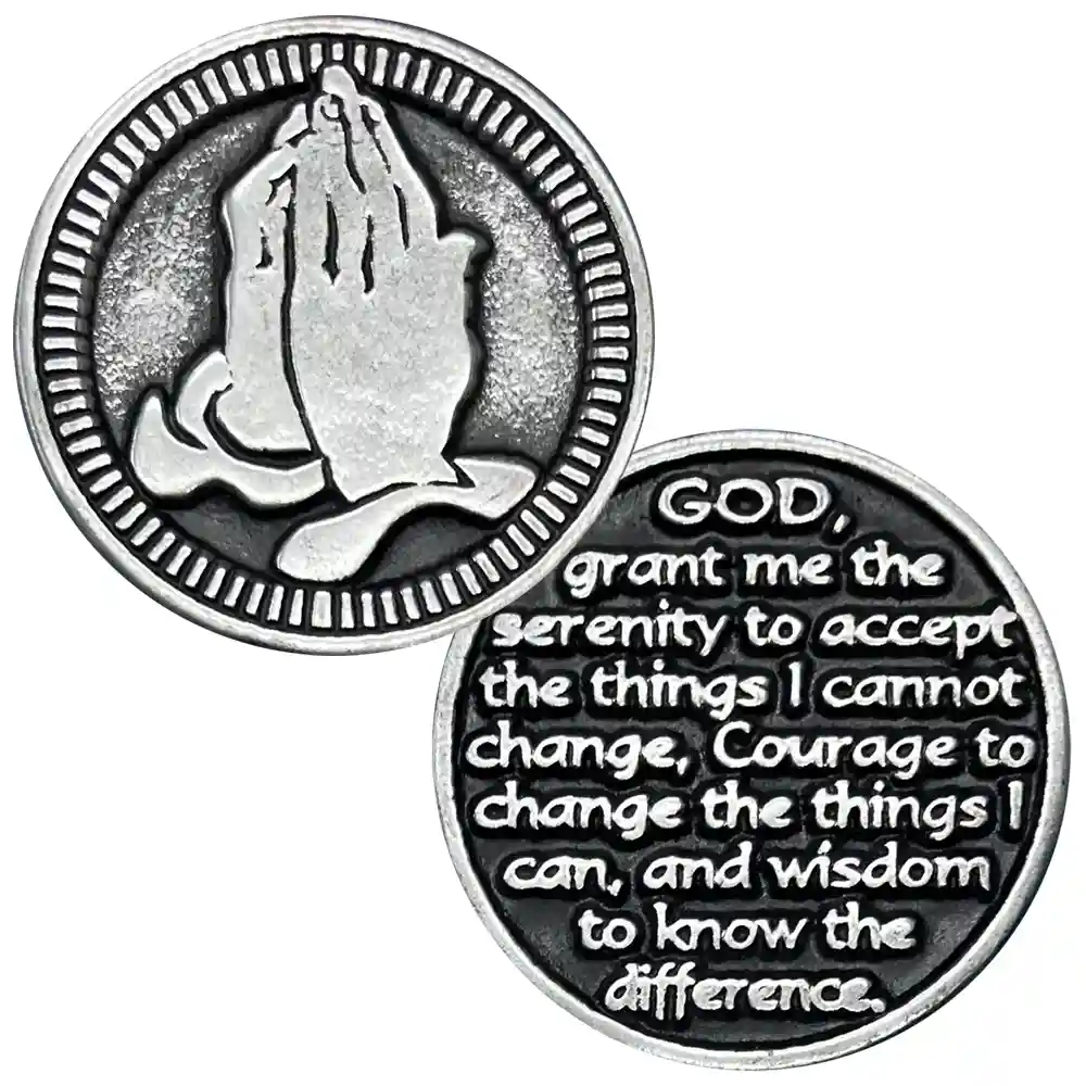 Praying Hands Serenity Prayer Coin - Front and Back