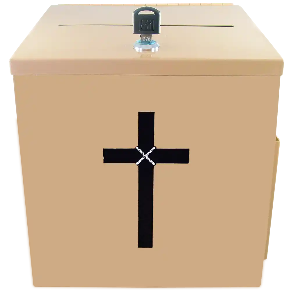 Tan Metal Lock Box with Cross - Donation Box with Cross