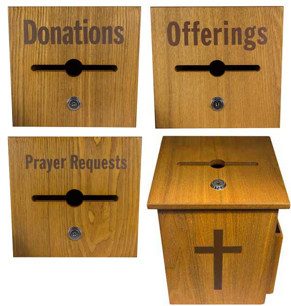 Wood Church Locked Donation Offering Box w Cross