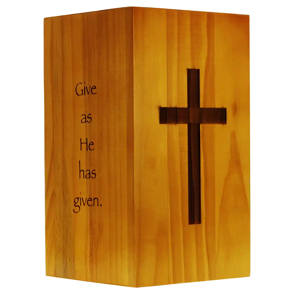 Deluxe Wood Christian Donation Bank Left Side With Cross and Bible Quotes