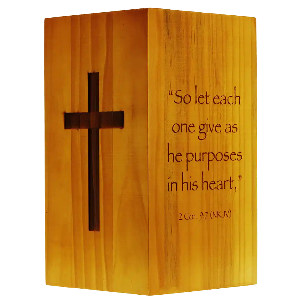 Deluxe Wood Christian Donation Bank Right Side With Cross and Bible Quotes