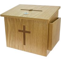 Large Wood Donation Box W Cross, Lock, Window