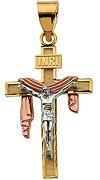 14Kt Gold Tri-Color Crucifix w/Shroud Pendant