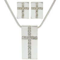 Cross Necklace Earring Set - Rhinestones & Silver