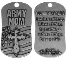 Army Mom Dog Tag Necklace with Bible Verse, 1 Corinthians 13:7-8