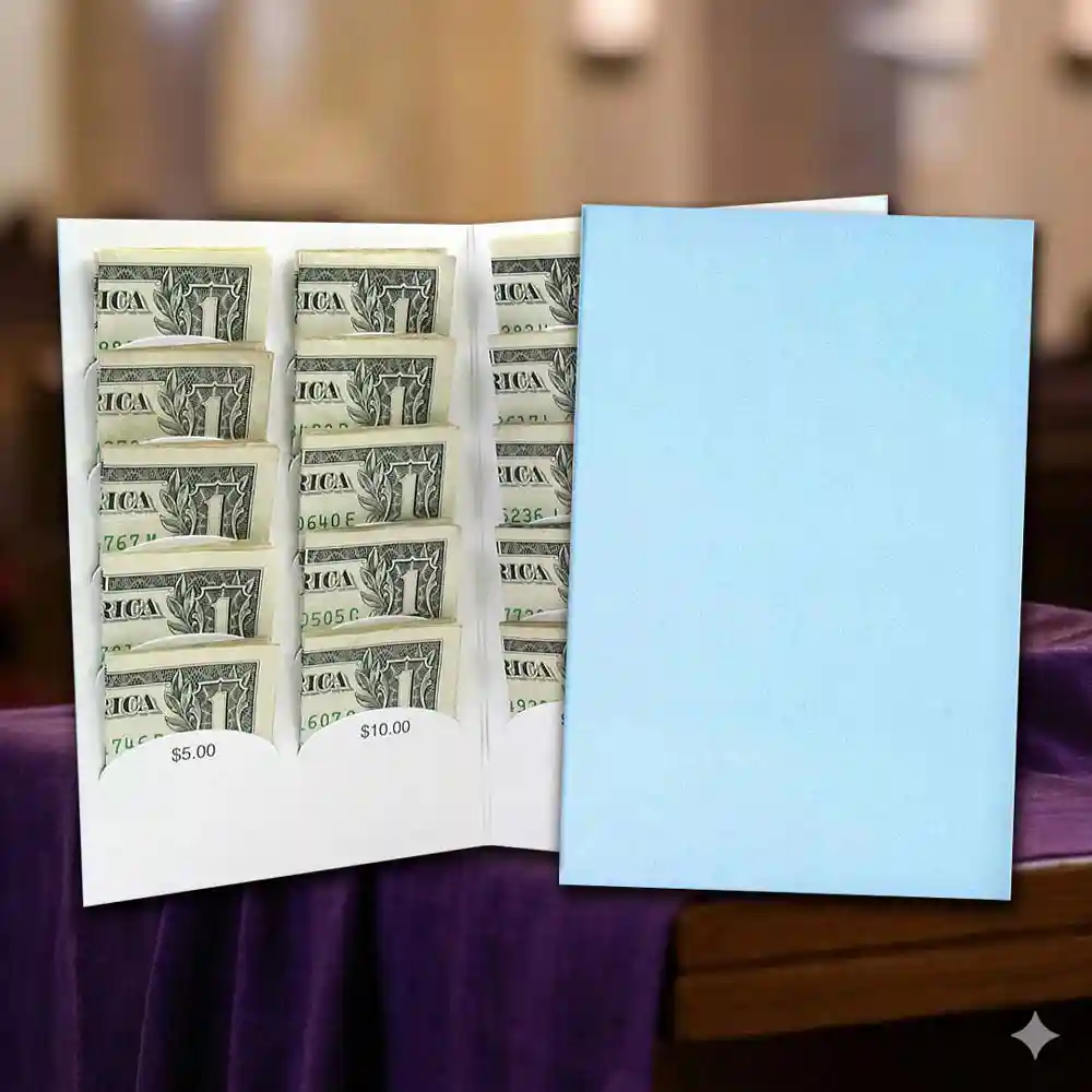 $20 Blank Blue Dollar Bill Fundraising Coin Folder - Gleaners - Outside