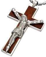 Mens Stainless Steel and Wood Crucifix Necklace