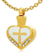Gold Cremation Heart Urn Jeweled Necklace w/ Cross