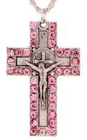 Crucifix Necklace Pink Rhinestones 