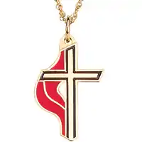 Gold Methodist Cross and Flame Necklace
