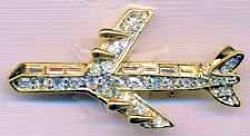 Jet Airplane Rhinestone Pin Gold