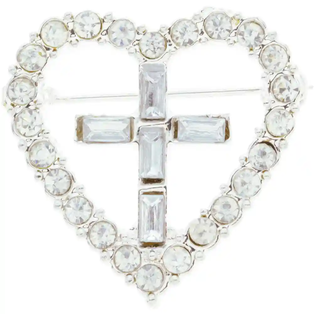 Rhinestone Heart Cross Pin