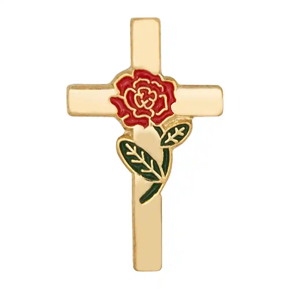 Gold Cross with Red Rose Pin Front