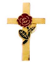 Cross with Red Rose Pin Gold